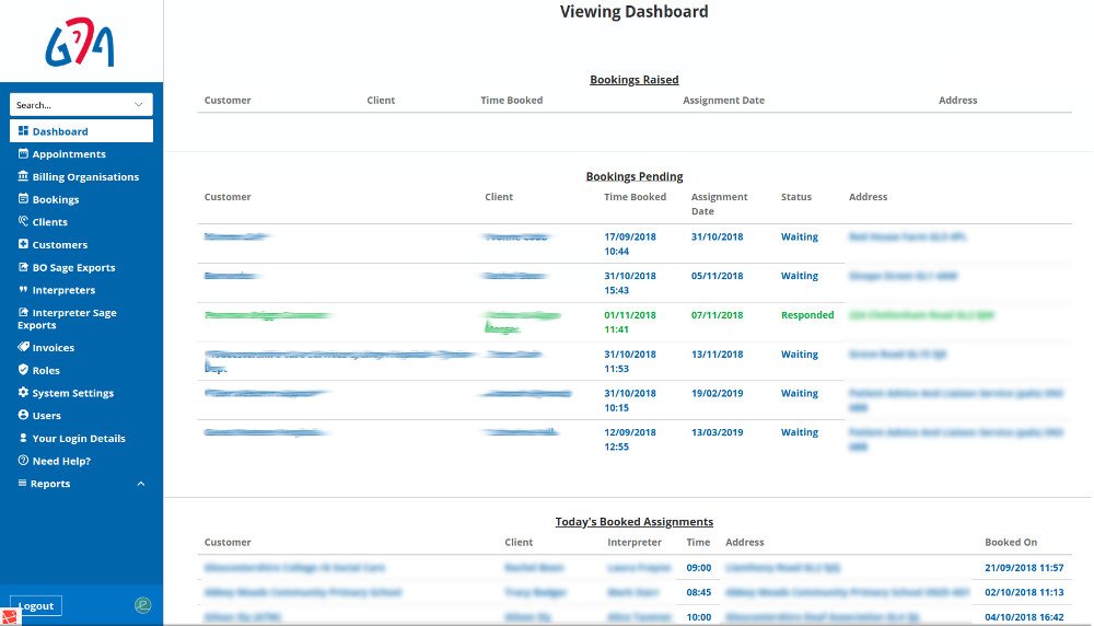 Bookings dashboard for customers and interpreters